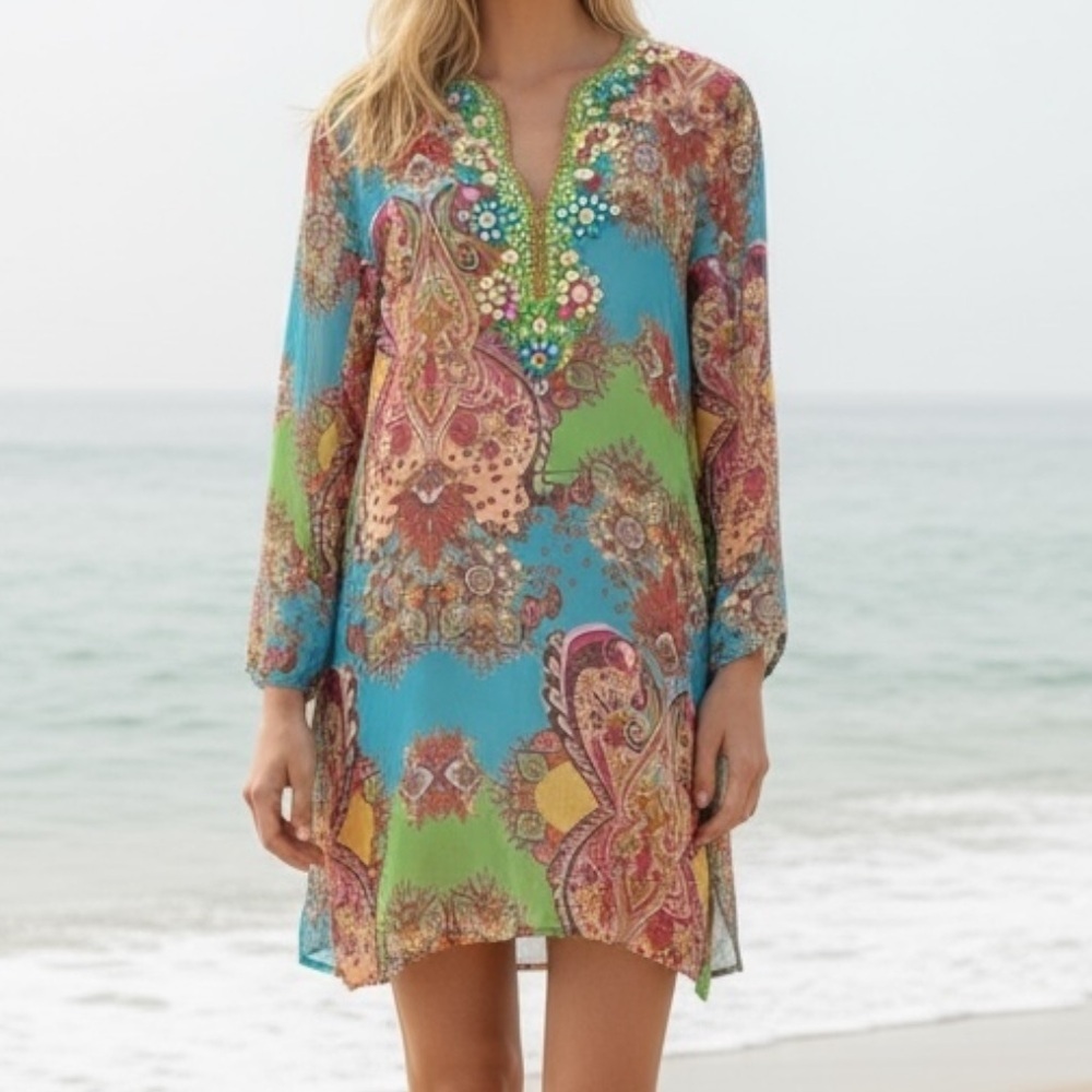 Anthro Ranna Gill Silk Beaded Mirrored Sheer Hippie Beach Boho  Dress SZ XL
